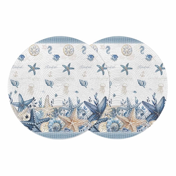 Blue Coastal Starfish Round 13 Inch Placemats Set of 2, Summer Beach Coral Shell Nautical HeatResistant Non Slip Place Mats for Dining Table, Wipeable Braided Kitchen Table Mats for Housewarming