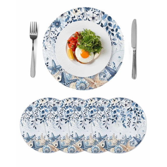 Blue Coastal Starfish Round 15 Inch Placemats Set of 4, Beach Nautical Shell Eucalyptus Ocean HeatResistant Non Slip Place Mats for Dining Table, Wipeable Braided Kitchen Table Mats for Housewarming