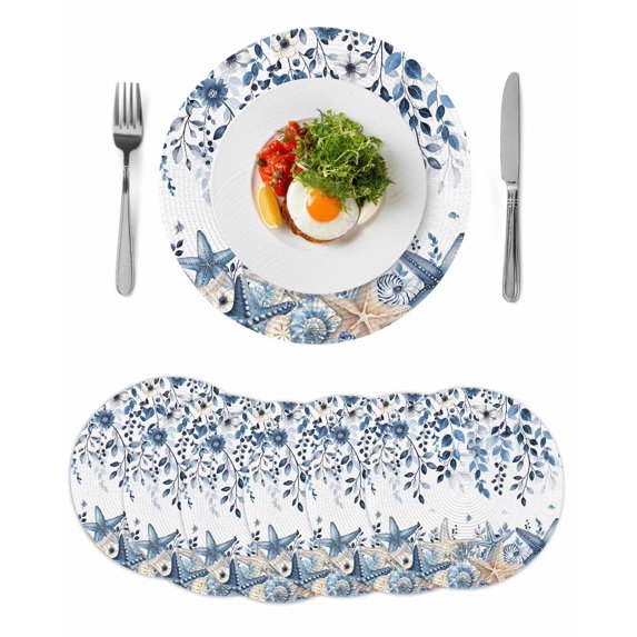 Blue Coastal Starfish Round 15 Inch Placemats Set of 6, Beach Nautical Shell Eucalyptus Summer HeatResistant Non Slip Place Mats for Dining Table, Wipeable Braided Kitchen Table Mats for Housewarming