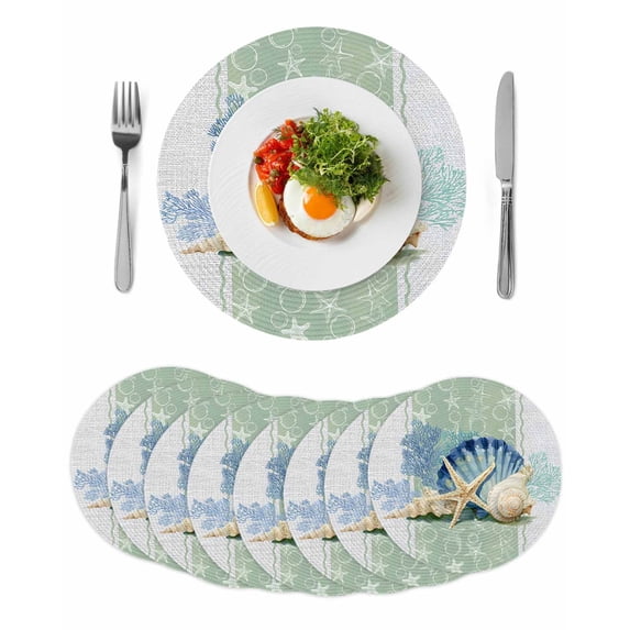 Blue Coastal Starfish Round 15 Inch Placemats Set of 8, Grey Sage Green Nautical Coral Summer HeatResistant Non Slip Place Mats for Dining Table, Wipeable Braided Kitchen Table Mats for Housewarming