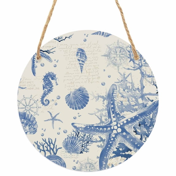 Blue Coastal Starfish Round Front Door Welcome Sign, 7.8 Inch Wall Hanging Decor for Indoor Outdoor, Beach Ocean Nautical Shells Conch Home Porch Hanger Decorations for Holiday Gift