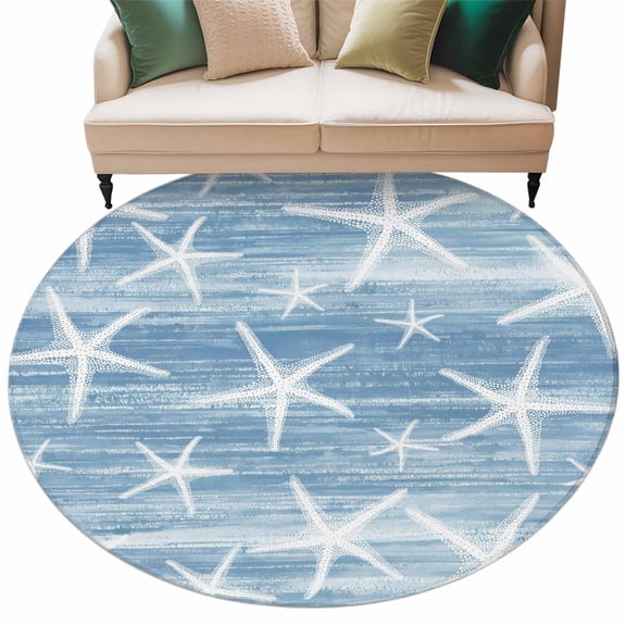 Blue Coastal Starfish Round Rug 5ft Washable Circle Kitchen Rugs Non Slip Nautical Summer Beach Ocean Large Area Rug Indoor Floor Carpet for Bedroom Living Room Home Office Dining Room Nursery