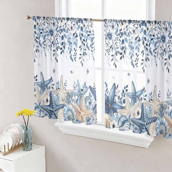 Blue Coastal Starfish Sheer Curtains 54 Inch Length 2 Panels for Living Room, Beach Nautical Shell Eucalyptus Summer Voile Kitchen Curtain Set, Luxury Privacy Drapes Window Treatment for Bedroom