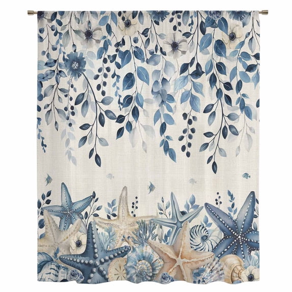 Blue Coastal Starfish Sheer Curtains 54 Inches Long, Beach Nautical Shell Eucalyptus Rustic Light Filering Curtains, Breathable Simi Curtain Privacy Drapes for Kitchen Bathroom Small Window Treatment