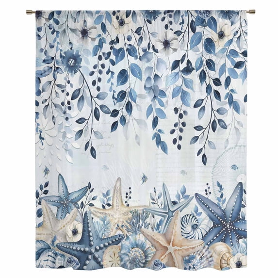 Blue Coastal Starfish Sheer Curtains 72 Inches Long, Beach Nautical Shell Eucalyptus Ocean Light Filering Curtains, Breathable Simi Curtain Privacy Drapes for Living Room Bedroom Window Treatment