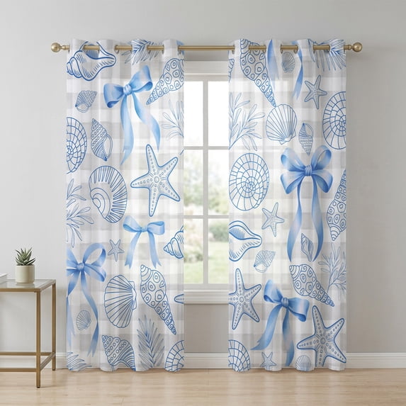 Blue Coastal Starfish Sheer Curtains 84 Inch Long 2 Panels, Seashells ...