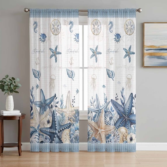 Blue Coastal Starfish Sheer Curtains 96 Inch Length 2 Panels Set, Summer Beach Coral Shell Nautical Voile Window Treatment Semi Sheer Long Curtains Drapes for Bedroom/Living Room/Kitchen 52"x96"x2