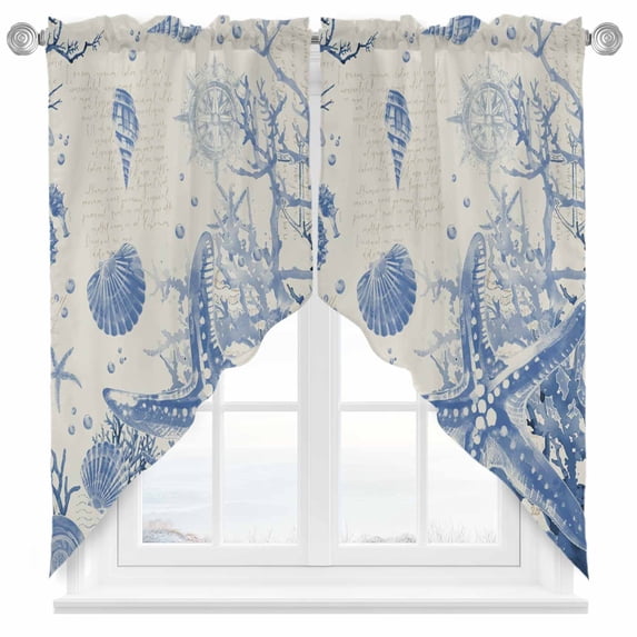 Blue Coastal Starfish Swag Curtains Beach Ocean Nautical Shells Conch Swag Valances for Kitchen Windows, Window Treatment Topper Curtains for Living Room Bedroom Bathroom, 28" W x 36" L