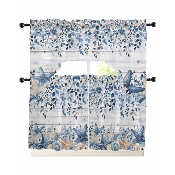 Blue Coastal Starfish Swag Curtains for Living Room/Bedroom Windows, Beach Nautical Shell Eucalyptus Wooden Kitchen Curtains and Valances Set 36 Inch Length, Swags Valance Curtain Panels