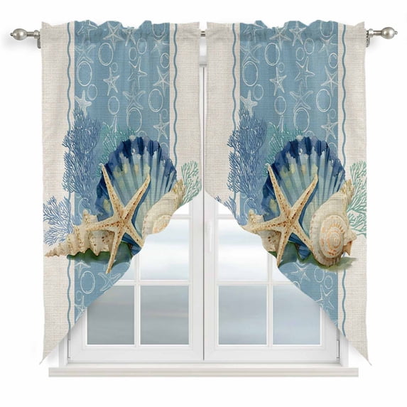 Blue Coastal Starfish Swag Valances for Windows, Kitchen Window Curtains Over Sink, Vintage Beige Nautical Coral Summer Window Treatment Curtains for Living Room/Bedroom Curtains 2 Panel Sets 36"x45"