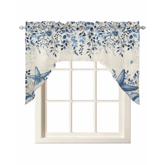 Blue Coastal Starfish Swag Valances for Windows, Small Curtains Drapes, Beach Nautical Shell Eucalyptus Retro Kitchen Window Curtains Over Sink Window Treatment Valance for Bedroom/Bathroom 56"x36"