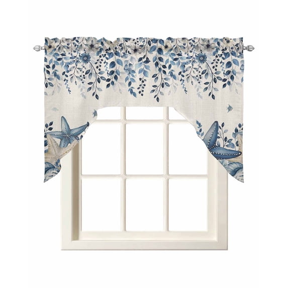Blue Coastal Starfish Swag Valances for Windows, Small Curtains Drapes, Beach Nautical Shell Eucalyptus Rustic Kitchen Window Curtains Over Sink Window Treatment Valance for Bedroom/Bathroom 56"x36"