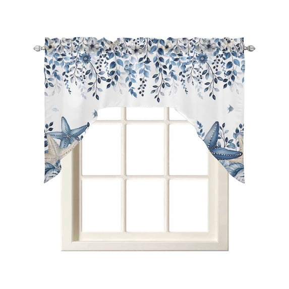 Blue Coastal Starfish Swag Valances for Windows, Small Curtains Drapes, Beach Nautical Shell Eucalyptus Summer Kitchen Window Curtains Over Sink Window Treatment Valance for Bedroom/Bathroom 56"x36"