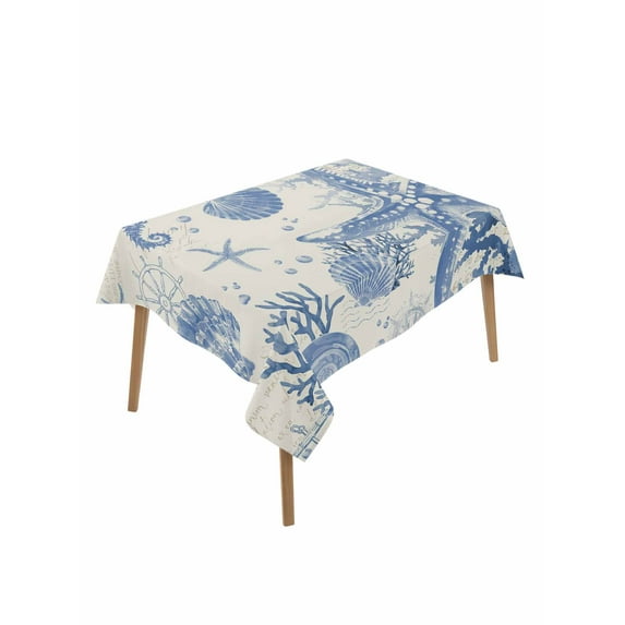 Blue Coastal Starfish Table Cloth, Beach Ocean Nautical Shells Conch Waterproof Tablecloth for Rectangle Tables, Reusable Washable Fabric Table Cover for Restaurant Kitchen Dining Tables 52"x70"