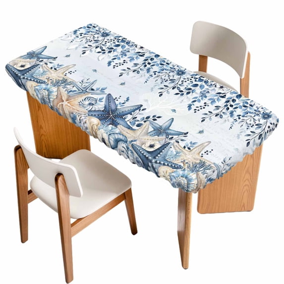 Blue Coastal Starfish Table Cloths for 5 Foot Rectangle Tables, Beach Nautical Shell Eucalyptus Ocean Patio Waterproof Elastic Fitted Tablecloths, Washable Rectangular Table Cover for Camping