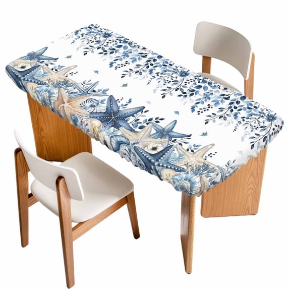 Blue Coastal Starfish Table Cloths for 5 Foot Rectangle Tables, Beach Nautical Shell Eucalyptus Summer Patio Waterproof Elastic Fitted Tablecloths, Washable Rectangular Table Cover for Camping