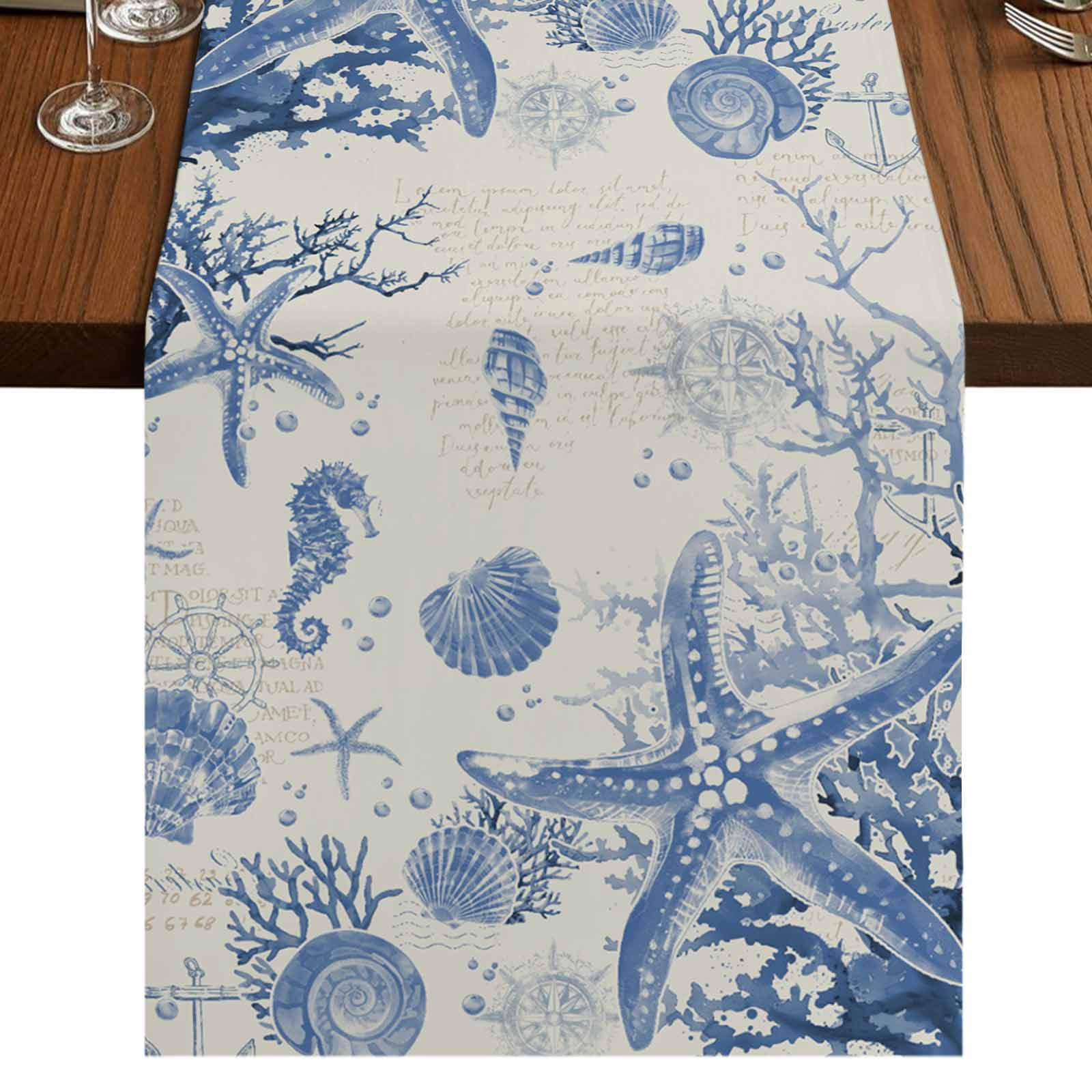 Tabletop Shells Blue Coastal Starfish Table Runner 108 Inches Long,Beach Ocean Nautical ...