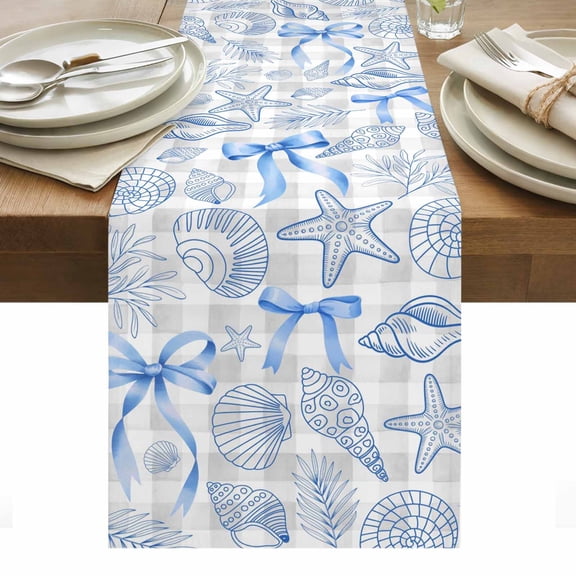 Blue Coastal Starfish Table Runner, Seashells Coral Ribbon Nautical Marine Life Gray Cotton Linen Kitchen Dining Table Runner Cloth Dresser Scarf Decoration for Party Home Decor 14x72in