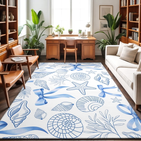 Blue Coastal Starfish Washable Area Rug 2.7 x 5 ft Seashells Coral ...