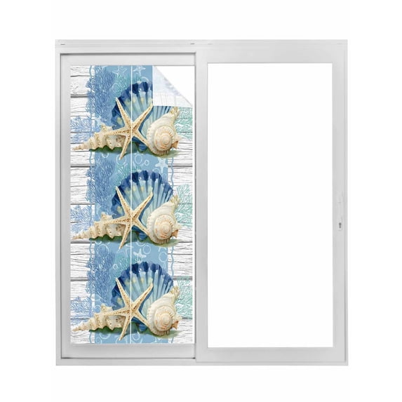 Blue Coastal Starfish Window Privacy Film, Vintage Wooden Nautical Coral Summer Static Cling UV Sun Blocking Tint Film Heat Control Windows Films for Bedroom Bathroom, Window Stickers 17.7"x39.3"