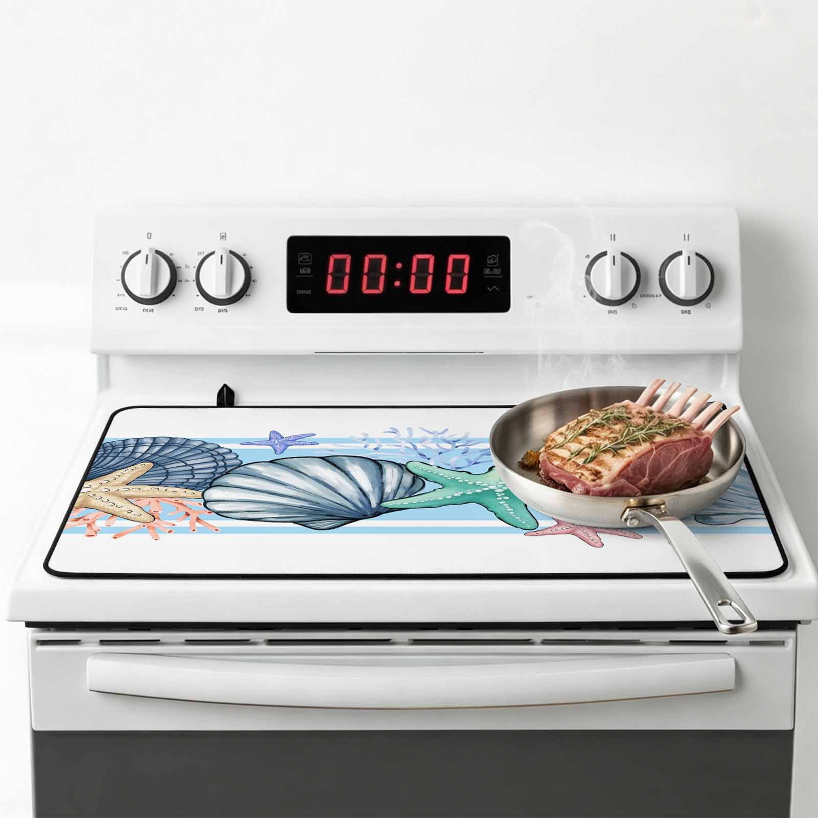 Blue Coastal Stove Top Cover for Electric Stove, Heat-proof & Non Slip Glass Top Stove Cover Protector, Beach Nautical Starfish Shell Coral Kitchen Flat Cooktop Rubber Mat 24x21 Inches