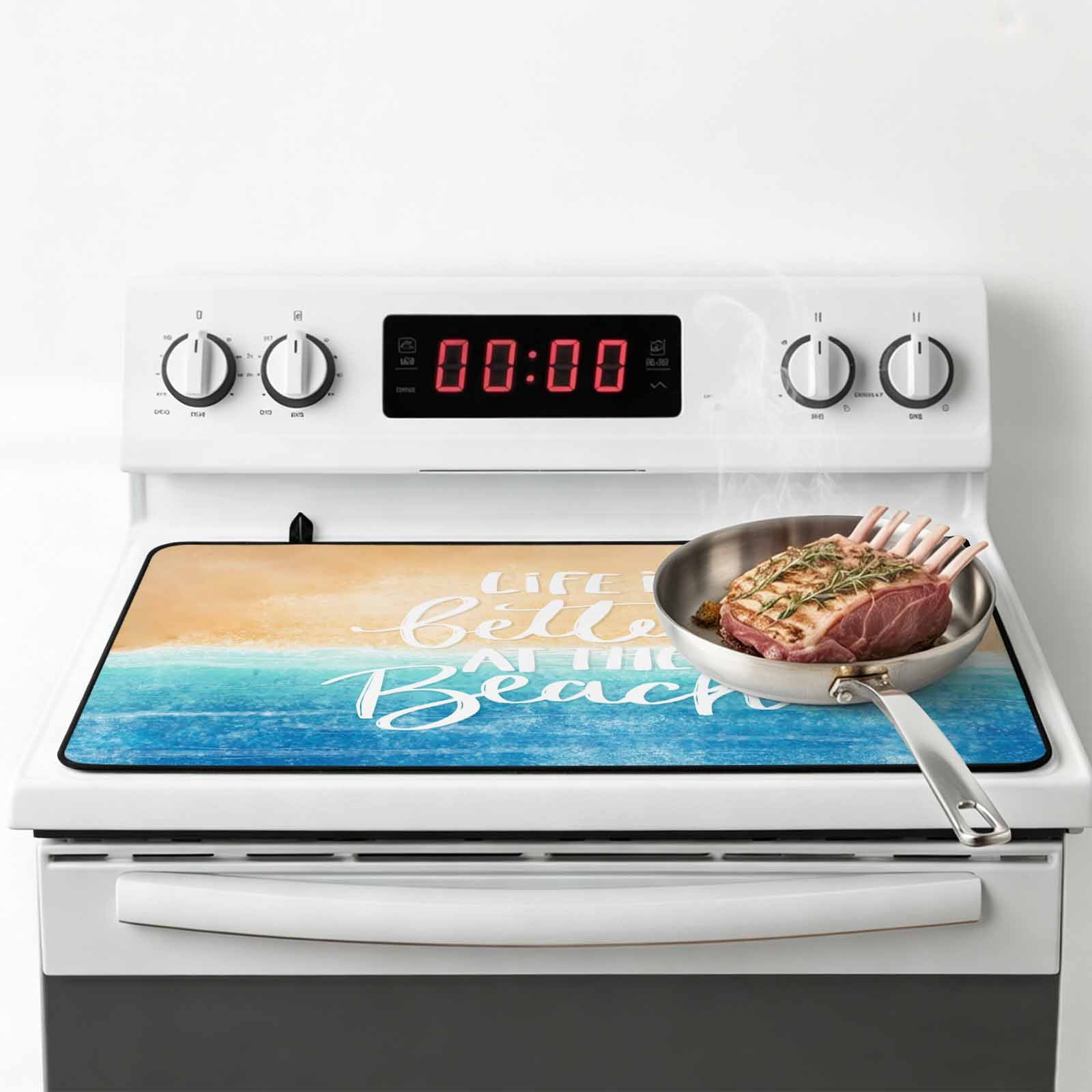 Blue Coastal Stove Top Cover for Electric Stove, Heat-proof & Non Slip Glass Top Stove Cover Protector, Life Is Better At The Beach Beach Kitchen Flat Cooktop Rubber Mat 24x21 Inches
