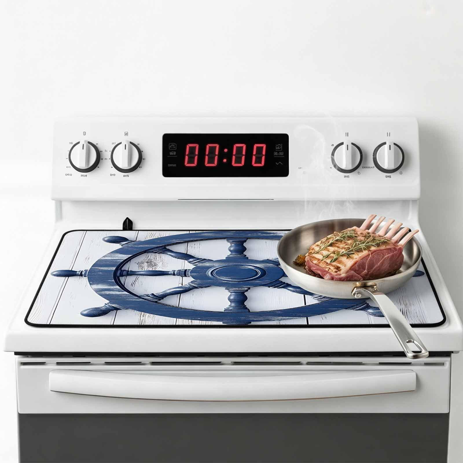 Blue Coastal Stove Top Cover for Electric Stove, Heat-proof & Non Slip Glass Top Stove Cover Protector, Nautical Summer Beach Ocean Kitchen Flat Cooktop Rubber Mat 31x24 Inches