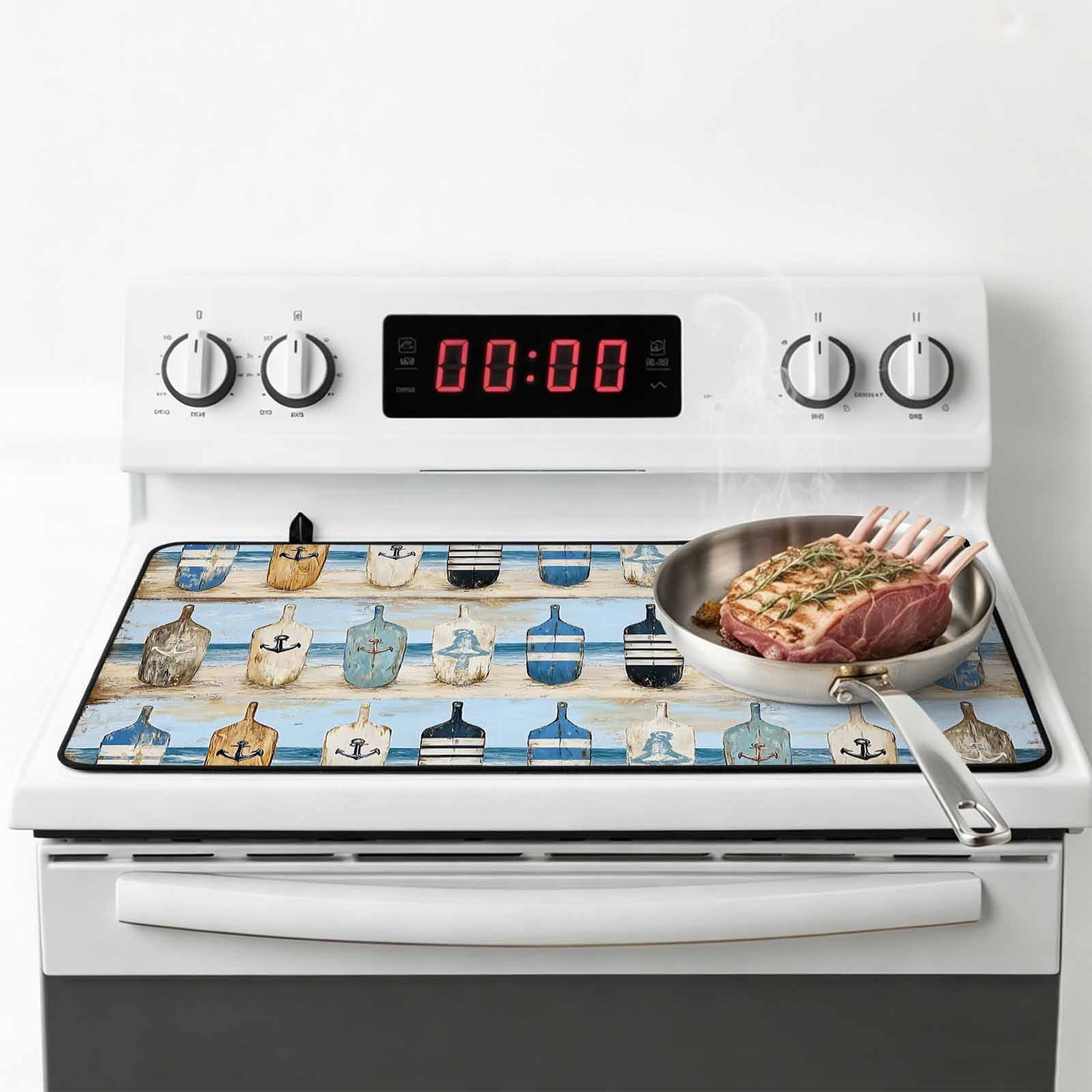 Blue Coastal Stove Top Cover for Electric Stove, Heat-proof & Non Slip Glass Top Stove Cover Protector, Ocean Nautical Anchor Wood Barn Beach Kitchen Flat Cooktop Rubber Mat 24x21 Inches
