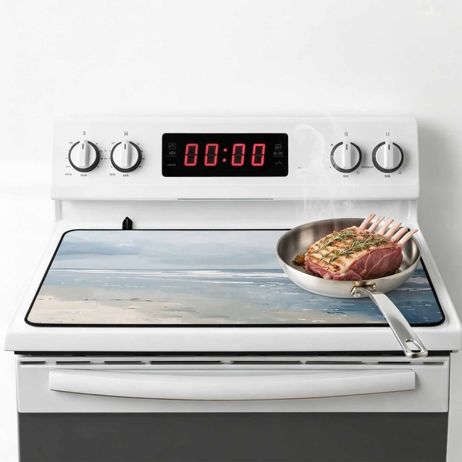 Blue Coastal Stove Top Cover for Electric Stove, Heat-proof & Non Slip Glass Top Stove Cover Protector, Seaside Summer Beach Nautical Kitchen Flat Cooktop Rubber Mat 24x21 Inches
