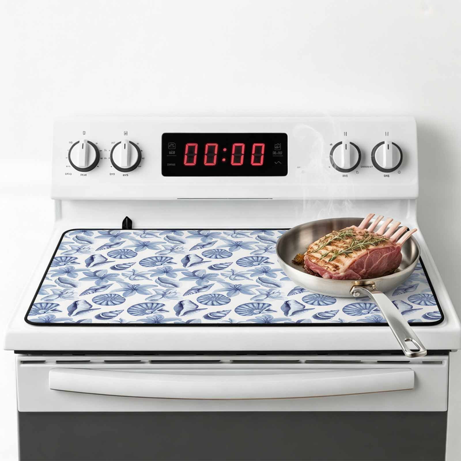 Blue Coastal Stove Top Cover for Electric Stove, Heat-proof & Non Slip Glass Top Stove Cover Protector, Shell Floral Ocean Retro Kitchen Flat Cooktop Rubber Mat 24x21 Inches