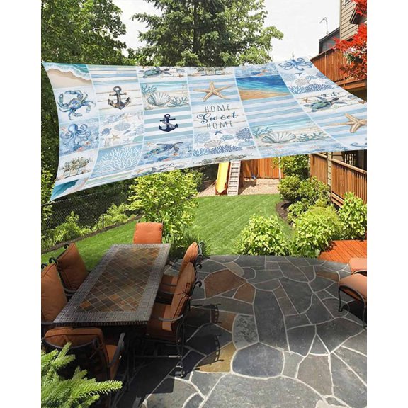 Blue Coastal Sun Sail Shades Rectangle Canopy,Sunlight Block Heavy Duty Curved Backyard Shade Cover,Turtle Nautical Anchor Octopus Starfish Coral Waterproof Sun Shades for Patios Garden 6.5'x10'