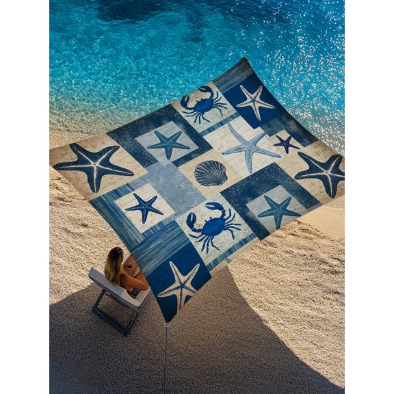 Blue Coastal Sun Shade Sail 14' x 18', Summer Ocean Shell Crab Retro Ocean Rectangle Outdoor Sunshade Canopy, Waterproof UV Block Patio Covers for Garden Yard Beach