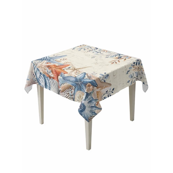 Blue Coastal Suqare Tablecloth - 54 x 54 Inch, Summer Beach Starfish Weeping Eucalyptus Retro Waterproof & StainResistant Tablecloth, Washable Oil-proof Table Cover for Dining/Party/Wedding/Buffet
