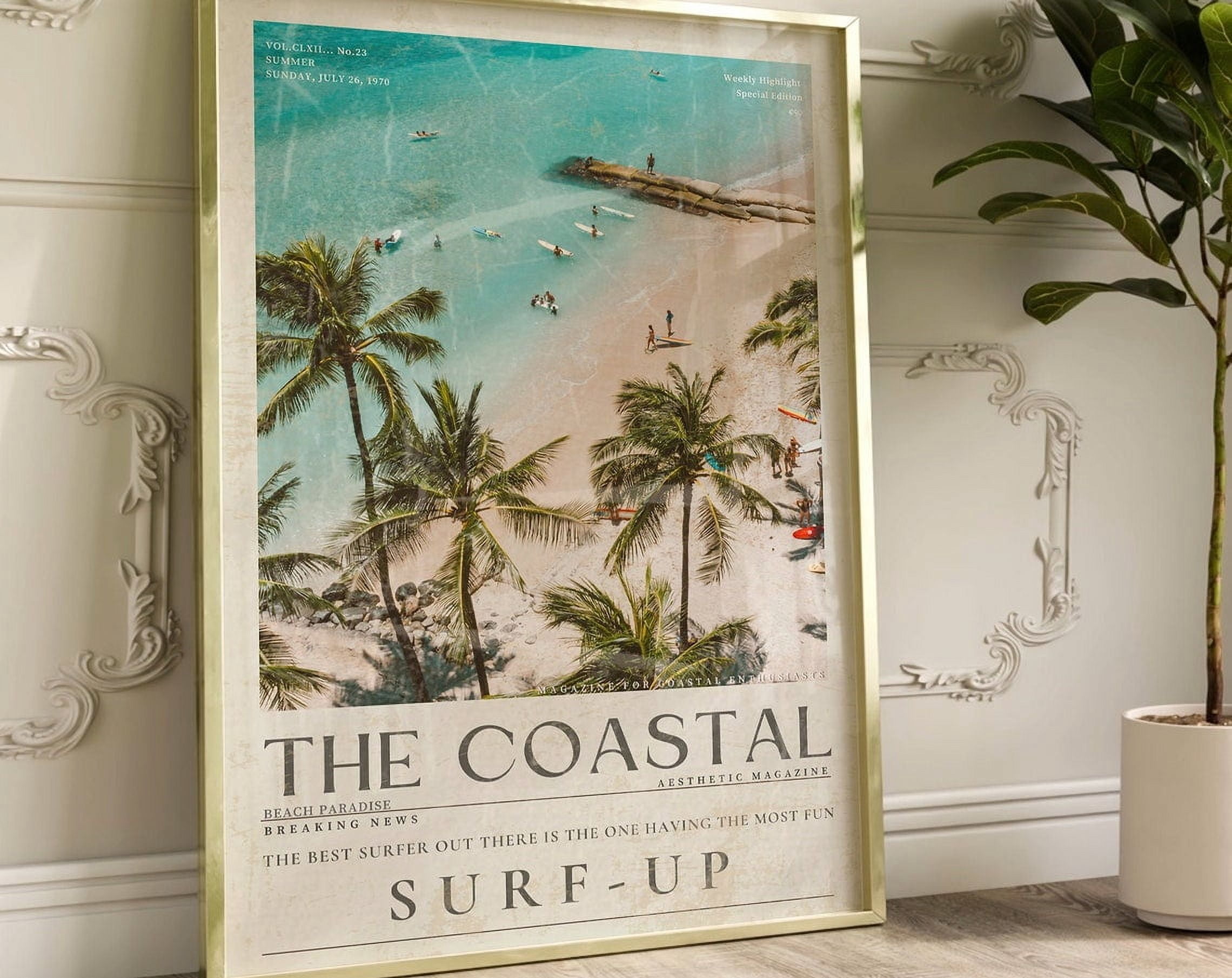 Blue Coastal Surf Up Wall Art, Vintage 70'S Newspaper Print, Chic Beach — free download
