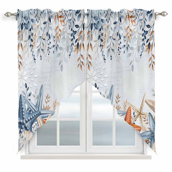 Blue Coastal Swag Valances for Windows 2 Pack, Kitchen Window Curtains 36 Inch Length, Summer Beach Starfish Weeping Eucalyptus Ombre Privacy Swag Curtains for Living Room/Bathroom 36"x36"