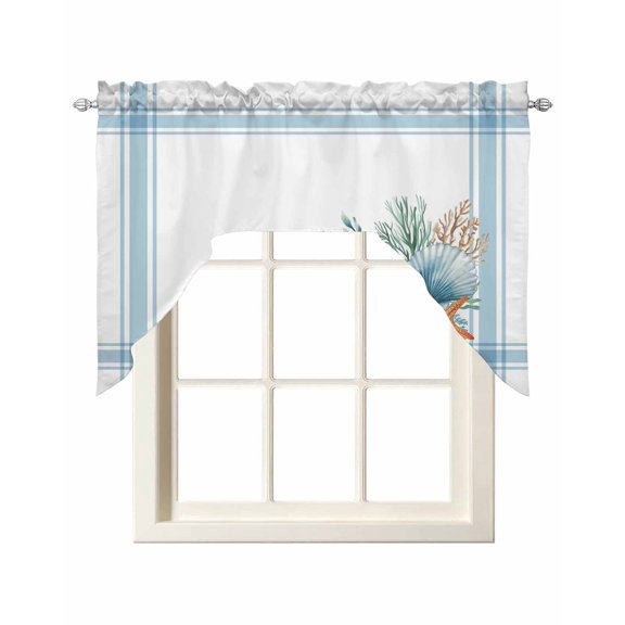 Blue Coastal Swag Valances for Windows, Small Curtains Drapes, Nautical Starfish Eucalyptus Leaf Coral Striped Kitchen Window Curtains Over Sink Window Treatment Valance for Bedroom/Bathroom 56"x36"