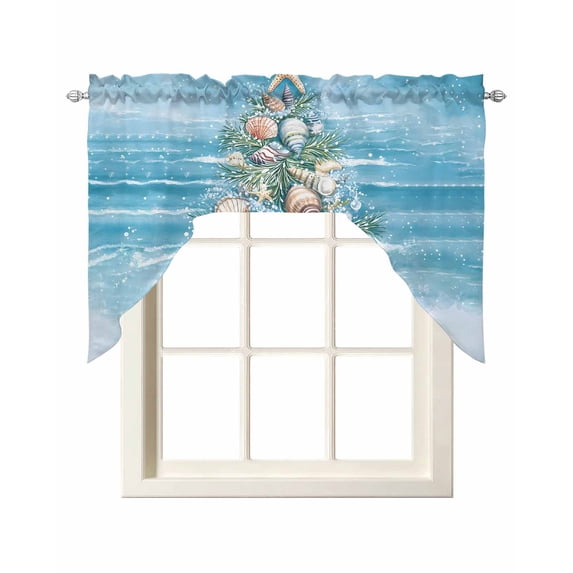 Blue Coastal Swag Valances for Windows, Small Curtains Drapes, Nautical Summer Beach Shell Conch Kitchen Window Curtains Over Sink Rod Pocket Window Treatment Valance for Bedroom/Bathroom 56"x36"