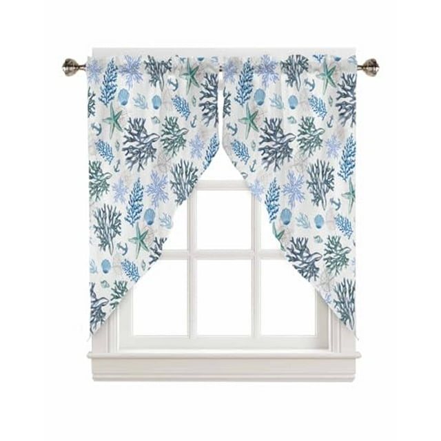 Blue Coastal Swag Valances for Windows 2 Pack Beach Coral Kitchen