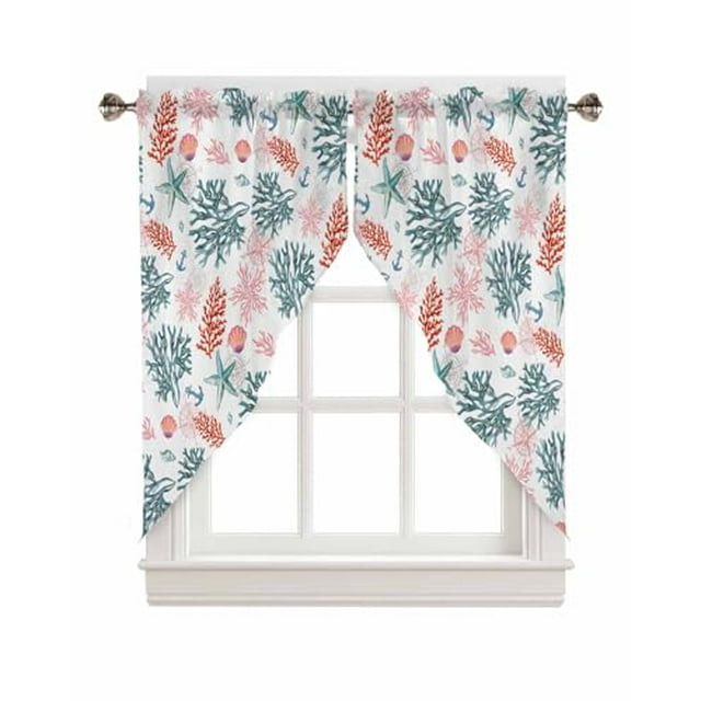 Blue Coastal Swag Valances for Windows 2 Pack Beach Coral Kitchen Window Curtains Ocean