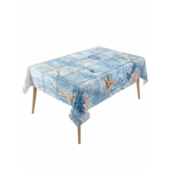 Blue Coastal Table Cloth, Starfish Coral Summer Beach Nautical Waterproof Tablecloth for Rectangle Tables, Reusable Washable Fabric Table Cover for Restaurant Kitchen Dining Tables 54"x108"
