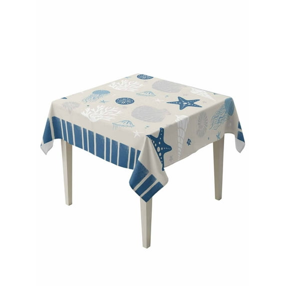 Blue Coastal Table Cloth, Vintage Ocean Nautical Starfish Coral Striped Waterproof Tablecloth for Square Tables, Reusable Washable Fabric Table Cover for Restaurant Kitchen Dining Tables 60"x60"