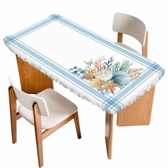 Blue Coastal Table Cloths for 3 Foot Rectangle Tables, Nautical Starfish Eucalyptus Leaf Coral Striped Patio Waterproof Elastic Fitted Tablecloths, Washable Rectangular Table Cover for Camping