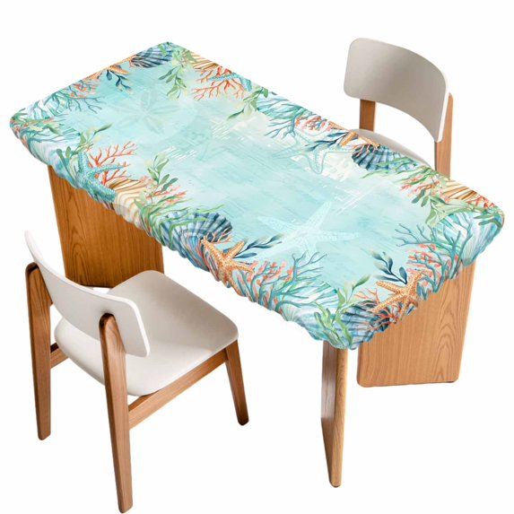 Blue Coastal Table Cloths for 3 Foot Rectangle Tables, Summer Nautical Beach Coral Starfish Patio Waterproof Elastic Fitted Tablecloths, Washable Rectangular Table Cover for Camping