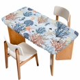 thumbnail image 1 of Blue Coastal Table Cloths for 4 Foot Rectangle Tables, Coral Shell Starfish Seahorse Summer Beach Patio Waterproof Elastic Fitted Tablecloths, Washable Rectangular Table Cover for Camping, 1 of 8