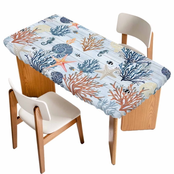 Blue Coastal Table Cloths for 4 Foot Rectangle Tables, Coral Shell Starfish Seahorse Summer Beach Patio Waterproof Elastic Fitted Tablecloths, Washable Rectangular Table Cover for Camping