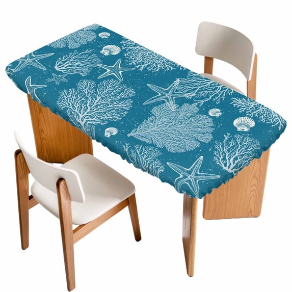 Blue Coastal Table Cloths for 4 Foot Rectangle Tables, Starfish Coral Summer Beach Ocean Patio Waterproof Elastic Fitted Tablecloths, Washable Rectangular Table Cover for Camping