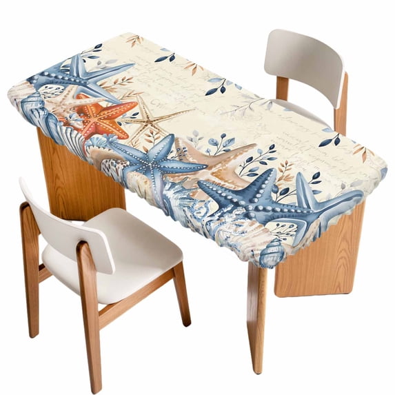 Blue Coastal Table Cloths for 4 Foot Rectangle Tables, Summer Beach Starfish Weeping Eucalyptus Retro Patio Waterproof Elastic Fitted Tablecloths, Washable Rectangular Table Cover for Camping
