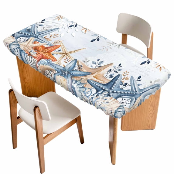 Blue Coastal Table Cloths for 5 Foot Rectangle Tables, Summer Beach Starfish Weeping Eucalyptus Ombre Patio Waterproof Elastic Fitted Tablecloths, Washable Rectangular Table Cover for Camping