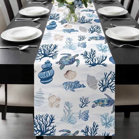 Blue Coastal Table Runner 36 Inches Long, Starfish Sea Turtle Coral Nautical Beach Kitchen Coffee Dining Table Decoration for Home Party Birthday Wedding Home Decor 13x36 Inches