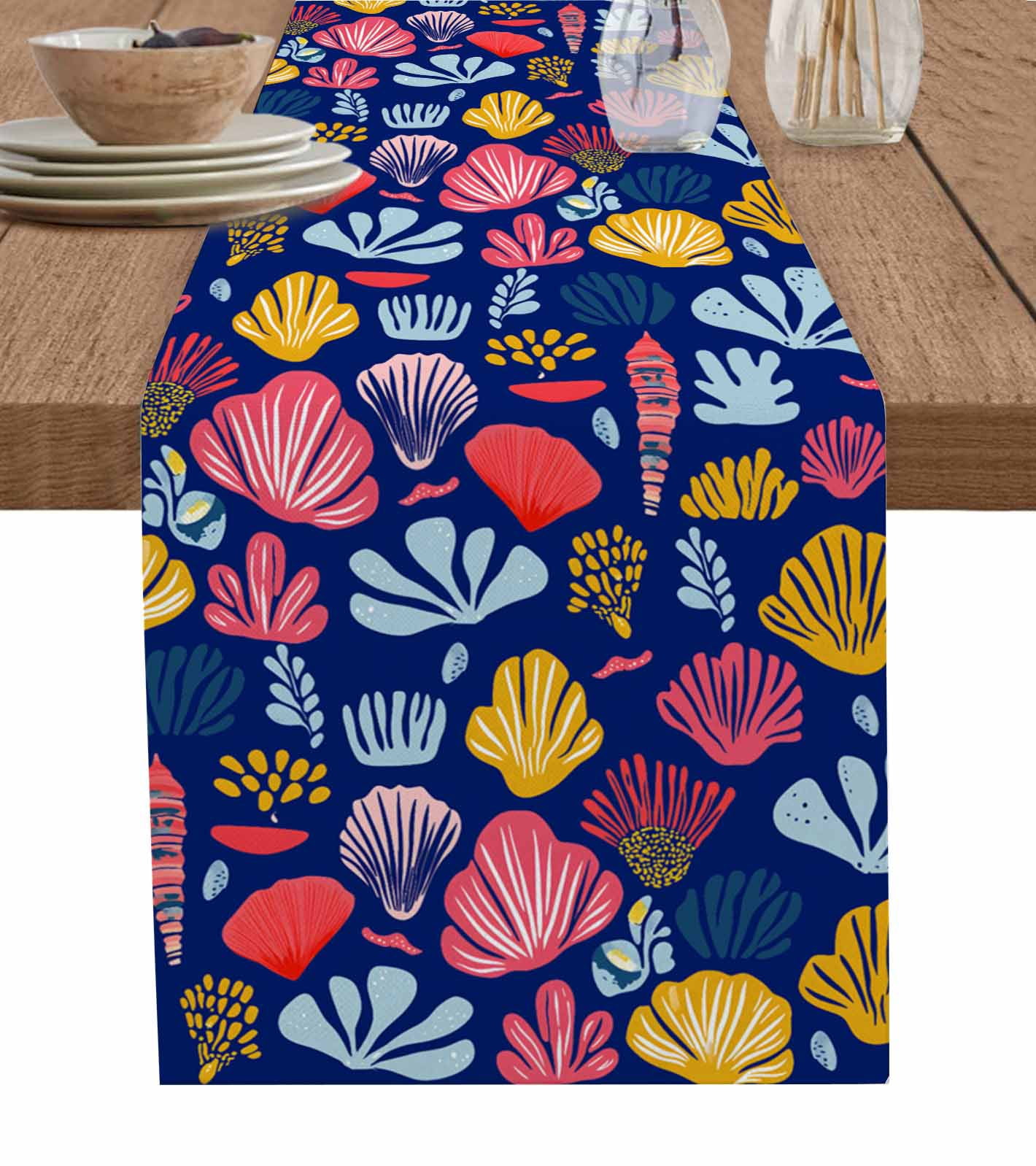 Runner Seashell Blue Coastal Table Runner 36 Inches, Watercolor Summer Ocean Seashells ...